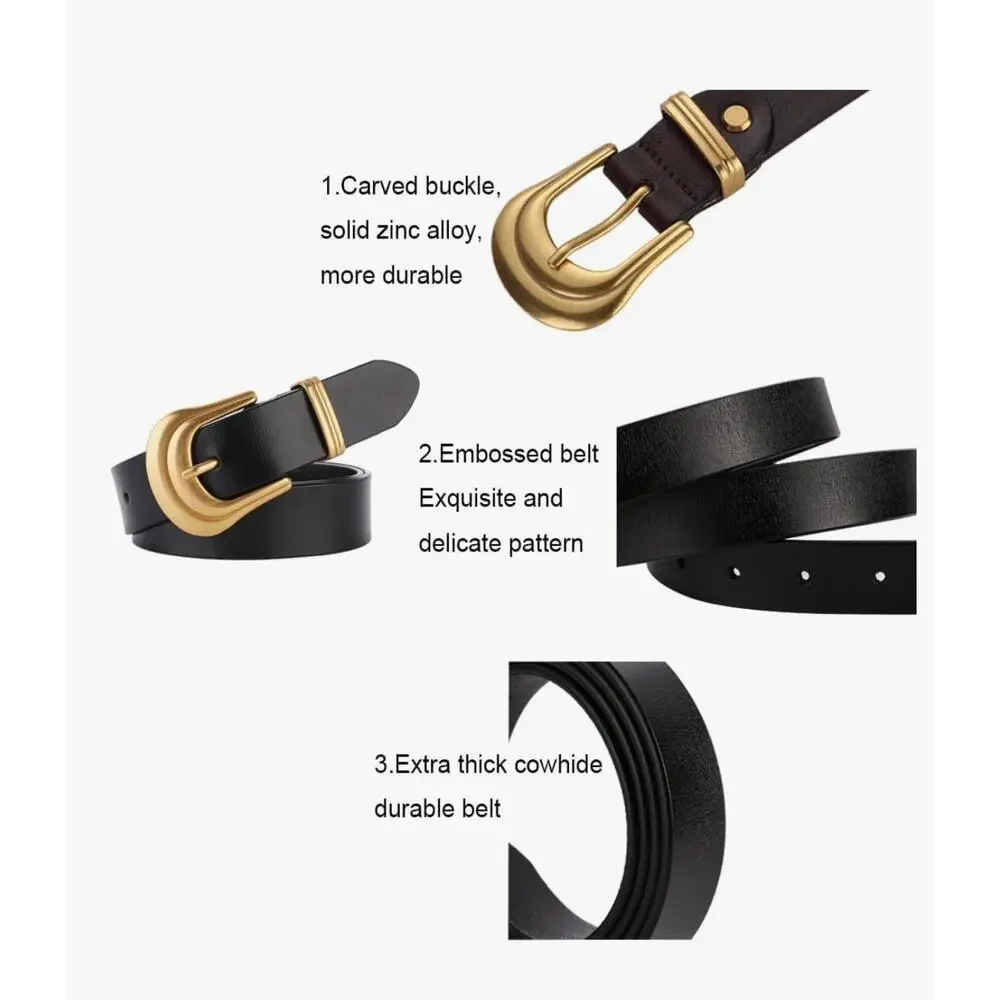 IWFTC Black Leather Belt Gold Sculpted Western Buckle Womens Size 140cm 41”-50”